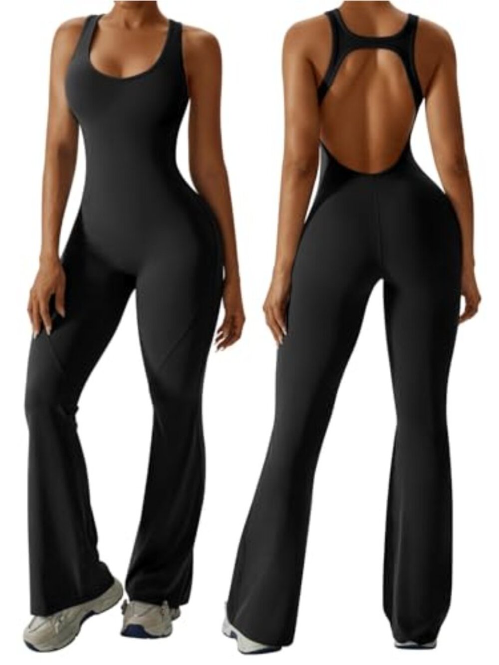 Flare Jumpsuit Tummy Control Cutout Romper Workout Seamless One Piece Backless